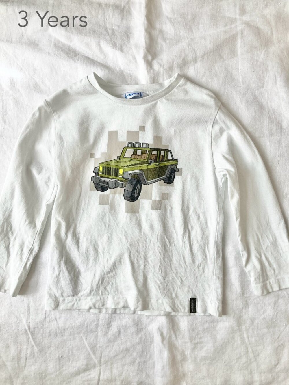 (🎨$3 PLAY) Mayoral 3 Years Toddler Jeep Car Vehicle White Long Sleeve Tee Top
